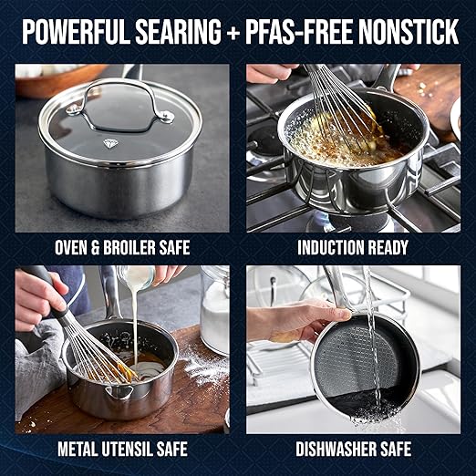 Blue Diamond Hybrid Nonstick Stainless Steel 1.57QT Saucepan with Glass Lid, PFAS-Free Ceramic Diamond Bond Pot, Dishwasher Safe, Stay-Cool Handle, Induction Ready, Compatible with All Cooktops - Image 3
