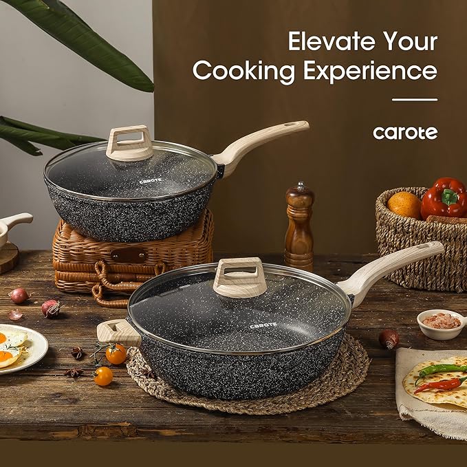 CAROTE 12.5 Inch Nonstick Deep Frying Pan with Lid, 6.5 Qt Jumbo Cooker Saute Pan with Pour Spout, Skillet Induction Cookware, Non Stick Cooking Pan PFOA Free, Classic Granite - Image 9