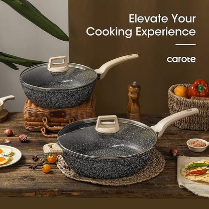 CAROTE 12.5 Inch Nonstick Deep Frying Pan with Lid, 6.5 Qt Jumbo Cooker Saute Pan with Pour Spout, Skillet Induction Cookware, Non Stick Cooking Pan PFOA Free, Classic Granite - Image 9