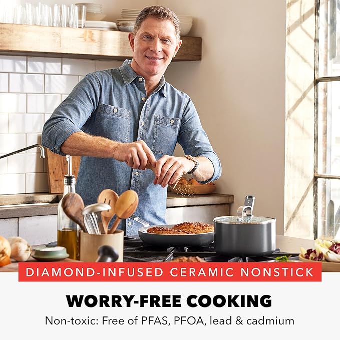 GreenPan x Bobby Flay 13 Piece Nonstick Cookware Pots and Pans Set, PFAS-Free Diamond Ceramic, Induction Suitable, Easy Clean Dishwasher & Oven Safe, Stay-Cool Silicone Handles, Glass Lids, Graphite - Image 2
