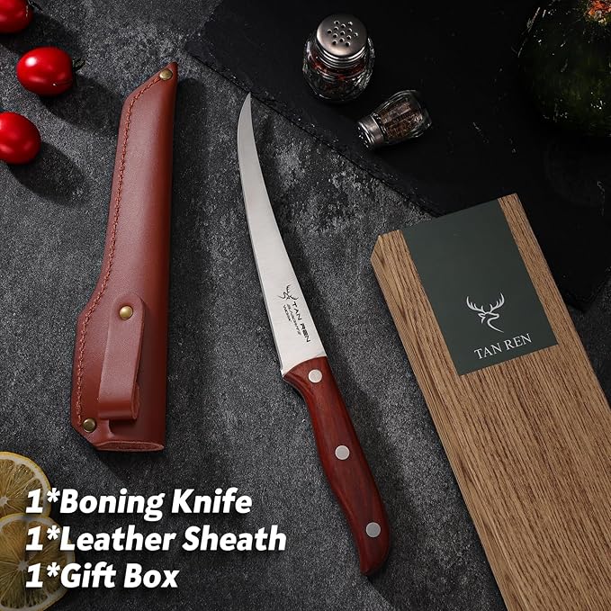 TAN REN 7-Inch Stainless Steel Boning Knife, Meat Cutting Knife with Sheath, Flexible Curved Blade for Brisket and Fish Filleting