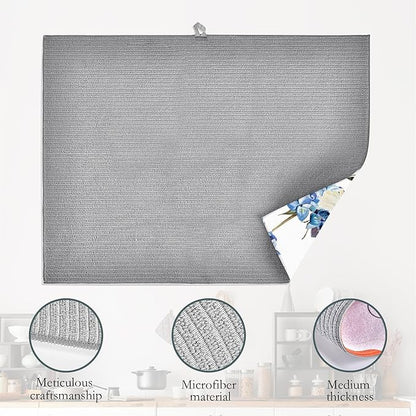 Blue Hydrangea Flowers Dish Drying Mat,Bird Drying Rack Pad Countertop Dishes Ultra Absorbent Microfiber Kitchen Counter Mat for Coffee Countertop Decor 18x24 Inch