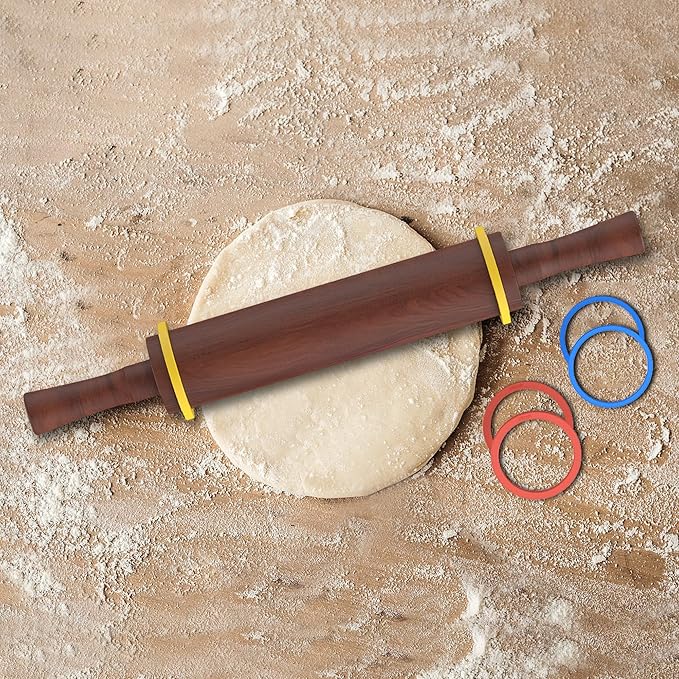 Classic Wooden Rolling Pin with Handle for Fondant, Pizza, Pies, Cookies, Pastries, Rolling Pin for Baking with 3 Multi-Color Thickness Rings, 17" x 2.5" (Include handle) Sapele Rolling Pin - Image 7