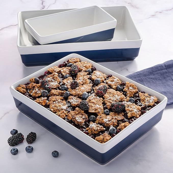 MARTHA STEWART 3-Piece Oven to Table Stoneware Bakeware Set – Baking Dish & Casserole Set – Cobalt Blue – Durable Oven-Safe Bakeware for Baking and Serving - Image 2