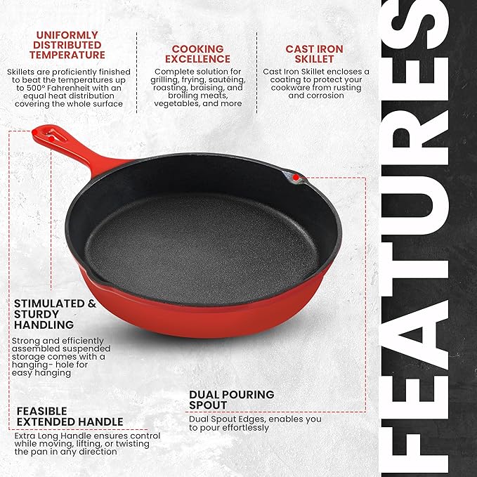 Utopia Kitchen Cast iron Skillets 3 Piece Set,Chefs Pan, Pre Seasoned Cast iron Skillets, 6, 8 & 10 Inches, Easy Use in the Oven, Stove, Grill, or Campfire, Red - Image 4