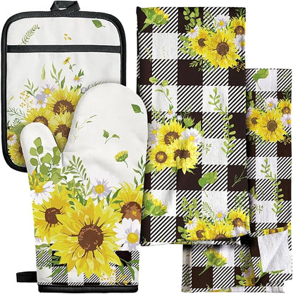 Miss Adola 270 GSM Cotton Kitchen Towels, Oven Mitt and Pot Holder - 4 Pack Kitchen Decor and Accessories Set Cute Farmhouse Boho Quilted Lining Heat Resistant Set with Hanging Loop, Plaid Sunflower by MissAdola