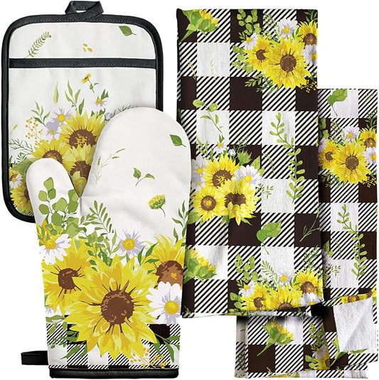 Miss Adola 270 GSM Cotton Kitchen Towels, Oven Mitt and Pot Holder - 4 Pack Kitchen Decor and Accessories Set Cute Farmhouse Boho Quilted Lining Heat Resistant Set with Hanging Loop, Plaid Sunflower by MissAdola