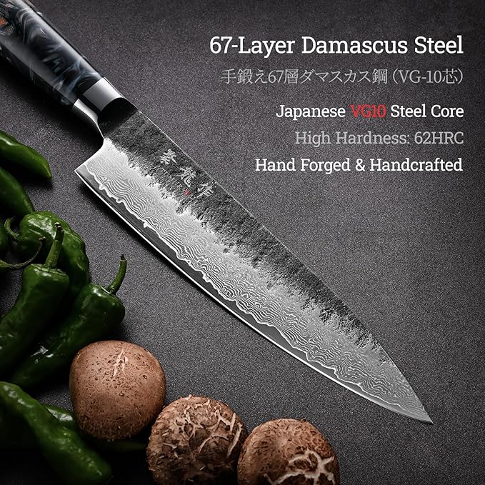 Japanese Chef Knife 8'', Hand Forged 67-Layer Damascus VG10 Core Kitchen Knife for Home & Professional Chefs, Razor Sharp Chef's Knives with Leather Sheath and Premium Gift Box, Ideal Cooking Gift