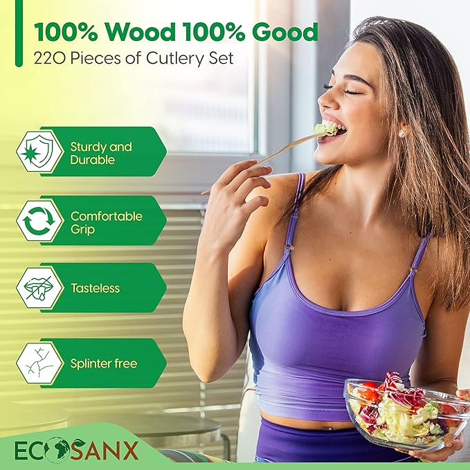 Bamboo Cutlery Set - Wooden Utensils for Eating - Disposable Wooden Cutlery set of 220 (80 Forks 70 Spoons 40 Knives 30 Straws) Bamboo Disposable Utensils - ECO Friendly Compostable Utensil for Party - Image 3