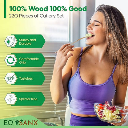 Bamboo Cutlery Set - Wooden Utensils for Eating - Disposable Wooden Cutlery set of 220 (80 Forks 70 Spoons 40 Knives 30 Straws) Bamboo Disposable Utensils - ECO Friendly Compostable Utensil for Party - Image 3