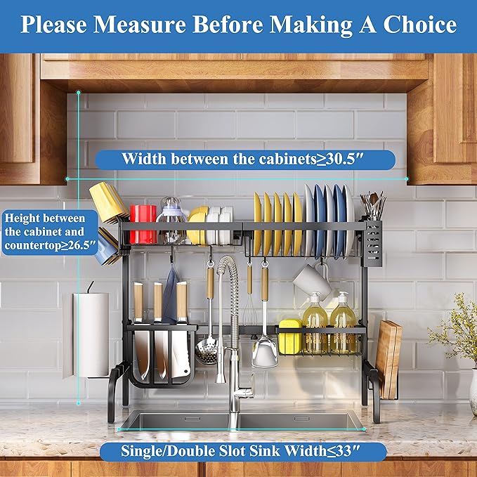 SAYZH Over The Sink Dish Drying Rack, Adjustable (25.5 to 33.5 inch) 2 Tier Metal Steel Dish Drying Racks for Kitchen Counter with Hooks Paper Towel Utensil Cup Holder Sink Caddy (Black) - Image 8
