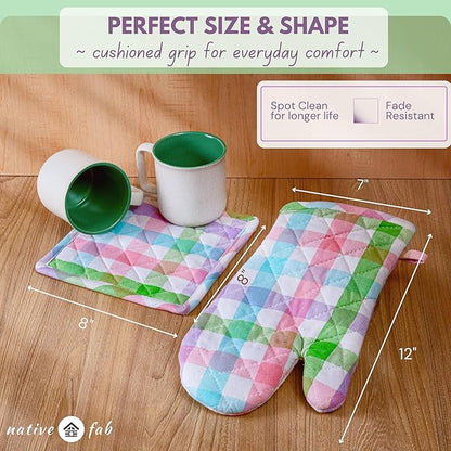 Native Fab 4 Piece Set - Gingham Check 2 Oven Mitts & 2 Potholders, Heat Resistant, 100% Cotton, Quilted Design, Non-Slip Grip, Ideal for Baking, Cooking, BBQ, Kitchen Protection, Multicolor - Image 3