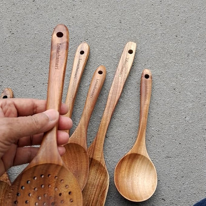 6-Piece Teak Wooden Kitchen Utensil Set – Heat Resistant, Durable, heat resistant Cooking Tools for Nonstick Cookware - Natural Rust-Free Wooden Spatulas & Spoons - Dishwasher Safe by Lonachamari