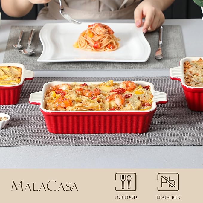 Bakeware Set of 4, MALACASA Porcelain Baking Pans Set for Oven, Casserole Dish, Ceramic Rectangular Baking Dish Lasagna Pans for Cooking Cake Pie Dinner Kitchen, Red (9.5"/11.25"/12.75"/14.5") - Image 3