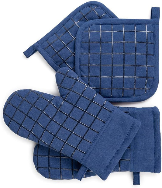 Oven Mitts and Pot Holders Set for Kitchen | 4 Pc Set| Heat Resistant Up to 500°F | Non-Slip Silicone Strips | Blue Kitchen Accessories | Includes 2 Hot Pads & 2 Cooking Mitts