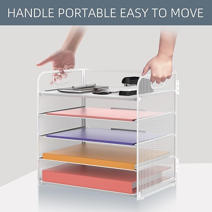 Supeasy 5 Trays Paper Organizer Letter Tray with Handle-Mesh Desk File Holders, Paper Sorter Desk Organizer for Office, Home, Classroom or School, White - Image 7