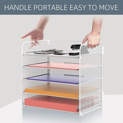 Supeasy 5 Trays Paper Organizer Letter Tray with Handle-Mesh Desk File Holders, Paper Sorter Desk Organizer for Office, Home, Classroom or School, White - Image 7