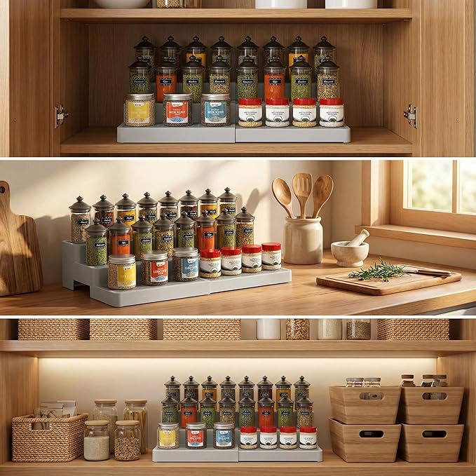 YAN & HIN Expandable Spice Rack Organizer for Cabinet (2 Pack), 3-Tier Tiered Spice Shelf Organizer with Non-Skid Surface, Spice Riser, Adjustable Pantry Organizer for Spices, Cans & Medicine Cabinet - Image 5