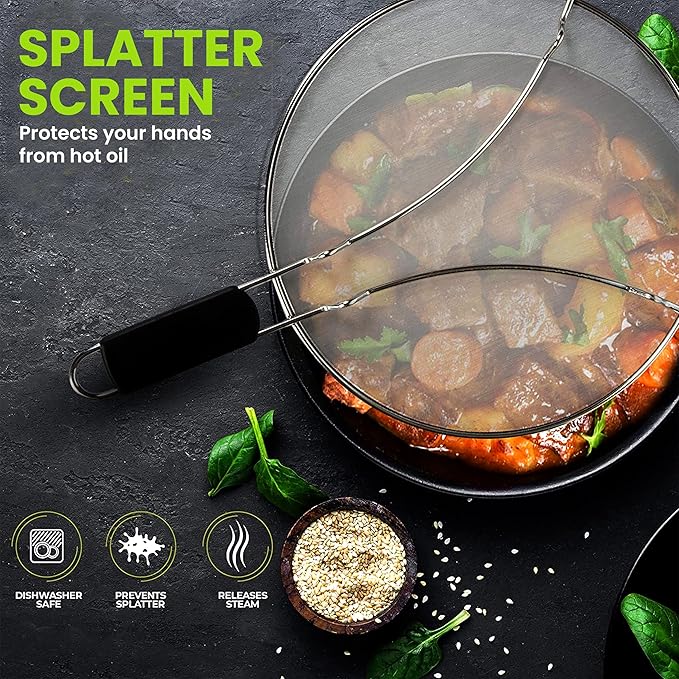 13" Grease Splatter Screen for Cooking | Stainless Steel Oil Splatter Guard and Ultra-Fine Mesh Protects Skin from Burns | TPR Tight-Grip Handle (Black) - Image 2