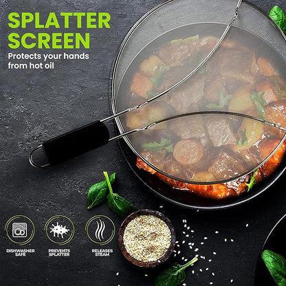13" Grease Splatter Screen for Cooking | Stainless Steel Oil Splatter Guard and Ultra-Fine Mesh Protects Skin from Burns | TPR Tight-Grip Handle (Black) - Image 2