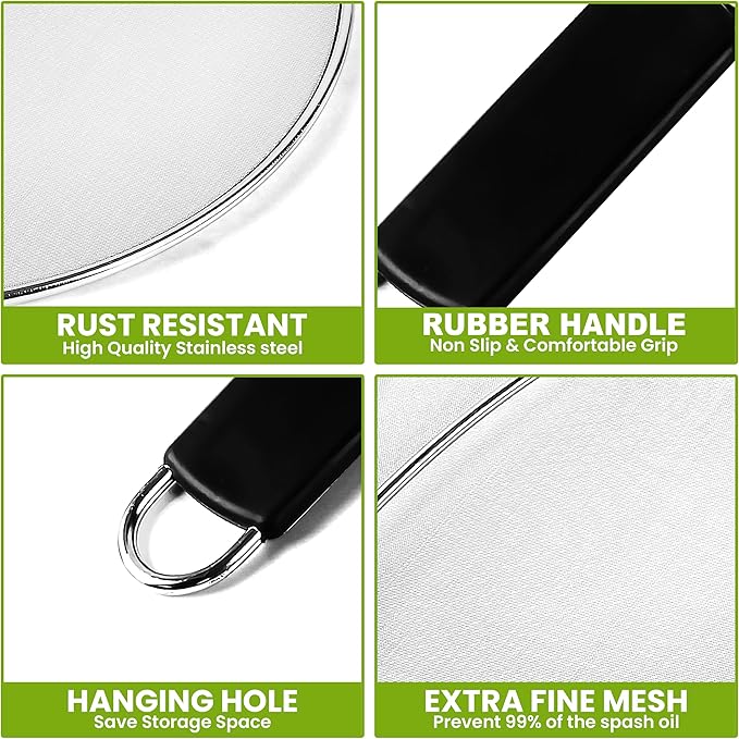 13" Grease Splatter Screen for Cooking | Stainless Steel Oil Splatter Guard and Ultra-Fine Mesh Protects Skin from Burns | TPR Tight-Grip Handle (Black) - Image 6