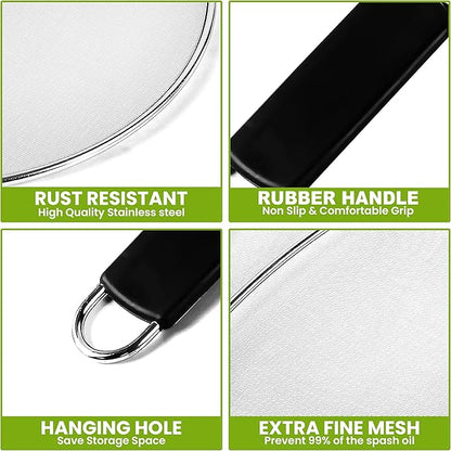 13" Grease Splatter Screen for Cooking | Stainless Steel Oil Splatter Guard and Ultra-Fine Mesh Protects Skin from Burns | TPR Tight-Grip Handle (Black) - Image 6