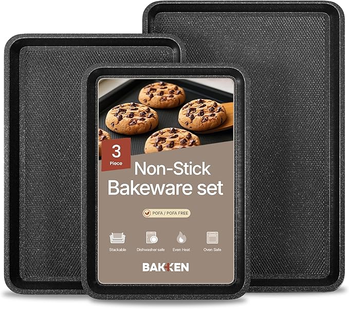 BAKKEN Kitchen Baking Pans - Small, Medium, and Large Cookie Pan (13.58×9.65, 15.75×11, 17.91×12.60), Nonstick, Diamond Texture Bottom, PFOA, PFOS, PTFE Free, Oven Safe (450°F), Pack of 3, Gray Marble by Unknown
