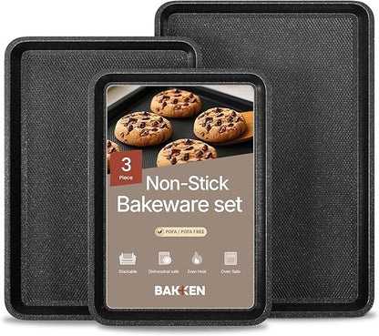 BAKKEN Kitchen Baking Pans - Small, Medium, and Large Cookie Pan (13.58×9.65, 15.75×11, 17.91×12.60), Nonstick, Diamond Texture Bottom, PFOA, PFOS, PTFE Free, Oven Safe (450°F), Pack of 3, Gray Marble by Unknown