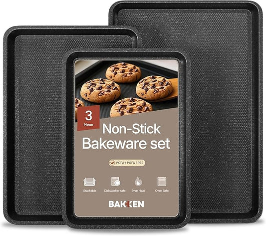 BAKKEN Kitchen Baking Pans - Small, Medium, and Large Cookie Pan (13.58×9.65, 15.75×11, 17.91×12.60), Nonstick, Diamond Texture Bottom, PFOA, PFOS, PTFE Free, Oven Safe (450°F), Pack of 3, Gray Marble by Unknown