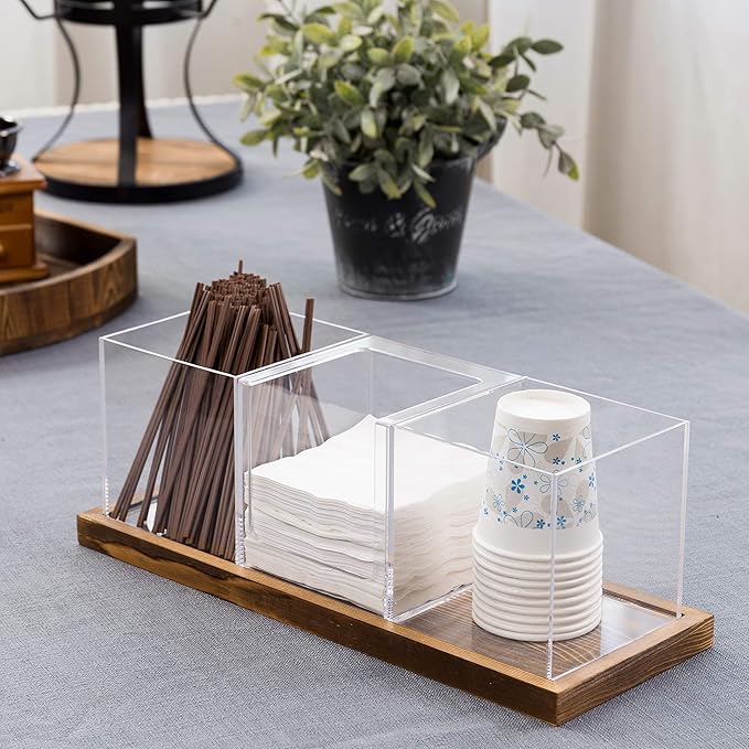 MyGift Modern Modular Coffee and Tea Station Organizer with 3 Removable Premium Clear Acrylic Compartments and Rustic Burnt Solid Wood Decorative Tray, 4 Piece Set - Image 3