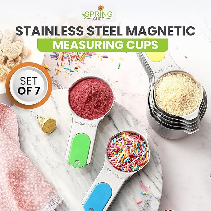 Spring Chef Magnetic Stainless Steel Measuring Cups, Patented, Kitchen Tools with Easy to Read Markings for Measuring Dry or Liquid Ingredients, Set of 7, Neon - Image 2