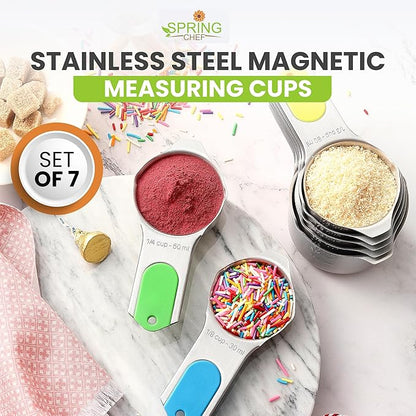 Spring Chef Magnetic Stainless Steel Measuring Cups, Patented, Kitchen Tools with Easy to Read Markings for Measuring Dry or Liquid Ingredients, Set of 7, Neon - Image 2