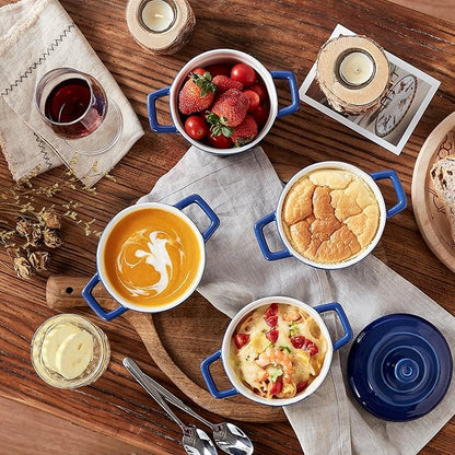 Lareina Mini Cocotte - 12oz Ceramic Casserole Dishes - Kitchen Casserole Sets With Handles And Lid - Small Baking Ramekins - Oven, Microwave & Dishwasher Safe - Set of 4 - Blue - Image 4