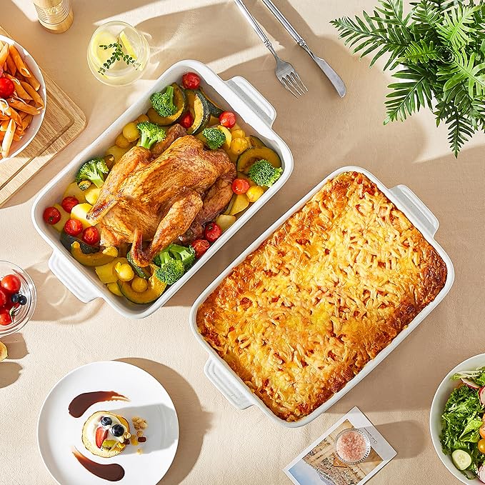 MALACASA Baking Dish 4.8 Qt Ceramic Casserole & Lasagna Pan, 9x13 Inch Deep Rectangular Oven Safe Dish with Handles for Baking, Roasting, Serving (Khaki & White) - Series Tara - Image 7