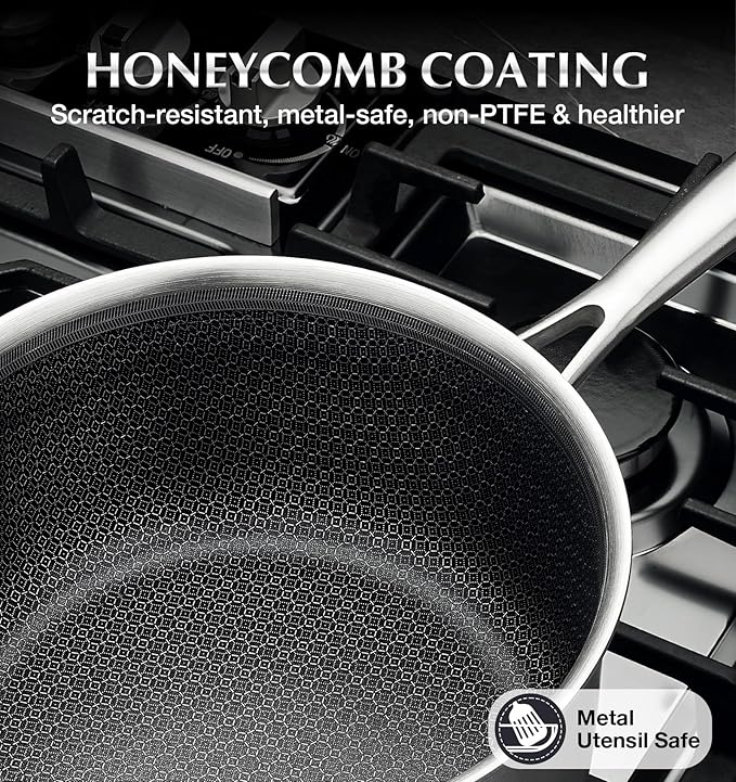 KOCH SYSTEME CS Hybrid Nonstick Stainless Steel Saucepan, 2 Quart Tri-Ply Stainless Steel Sauce Pan with Nonstick Honeycomb Interior, Hybrid Sauce Pan with Lid, Small Steel Pot, Induction Compatible - Image 2