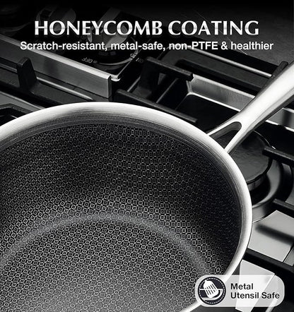 KOCH SYSTEME CS Hybrid Nonstick Stainless Steel Saucepan, 2 Quart Tri-Ply Stainless Steel Sauce Pan with Nonstick Honeycomb Interior, Hybrid Sauce Pan with Lid, Small Steel Pot, Induction Compatible - Image 2