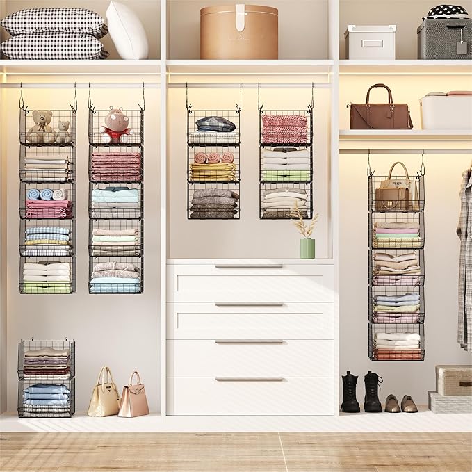 5 Tier Closet Hanging Organizer, Clothes Hanging Shelves with 4 Hanging Hooks 5 S Hooks, Wire Storage Basket Bins, for Clothing Sweaters Shoes Handbags Clutches Accessories Patent Design - Image 2