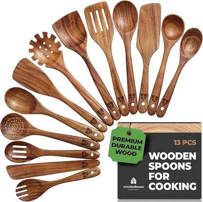 Wooden Spoons for Cooking – 13 Pcs Premium Teak Wooden Utensil Set - Durable, Safe for Nonstick Cookware, Easy to Clean & Heat Resistant Kitchen Utensils Set Wood with Ergonomic Handles by Woodenhouse