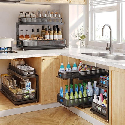 2-Pack 21.3 IN Depth Under Sink Organizer With Next-Gen Ball-Bearing Slides,Sophisticated Mesh 2-Tier Pull Out Shelf for Kitchen & Bathroom,Fits Small Items-Gun Gray
