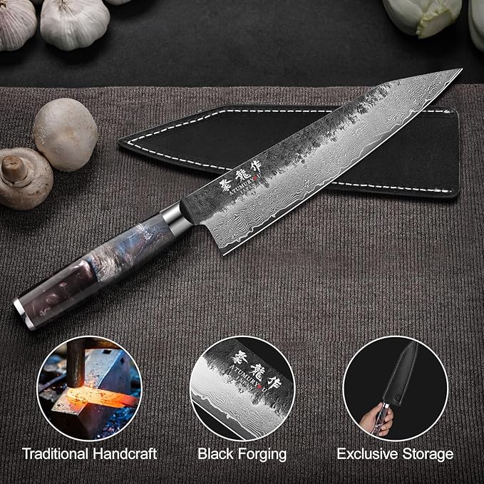 8.27 Inch Japanese Kiritsuke Chef Knife with VG10 Core, Professional 67-Layer Hand-Forged Damascus Knife with Ergonomic Handle, Leather Sheath and Elegant Gift Box – Perfect Gifts for Women Men
