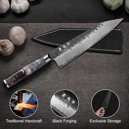 8.27 Inch Japanese Kiritsuke Chef Knife with VG10 Core, Professional 67-Layer Hand-Forged Damascus Knife with Ergonomic Handle, Leather Sheath and Elegant Gift Box – Perfect Gifts for Women Men