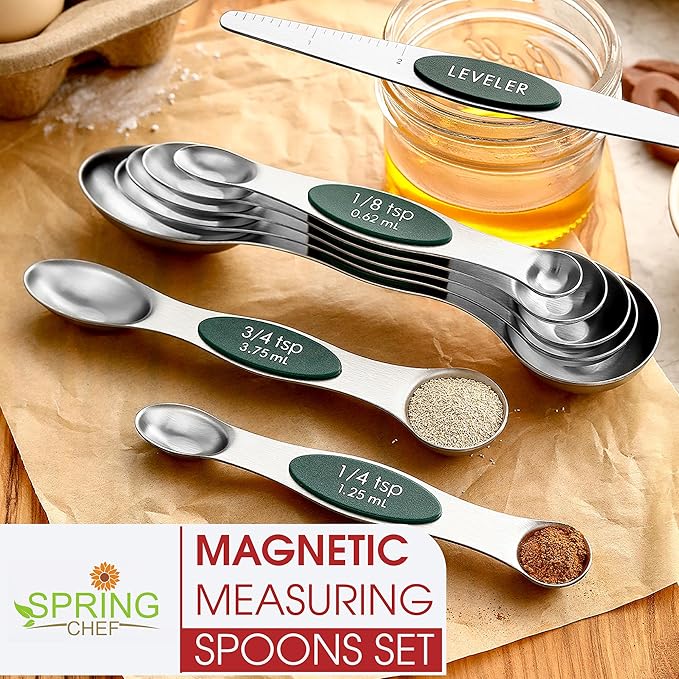 Spring Chef Stainless Steel Magnetic Measuring Spoons Set of 8 with Leveler, Stackable Magnetic Teaspoon & Tablespoon Set, Metal Kitchen Gadgets for Baking & Cooking, Fits in Spice Jars - Pine Green - Image 7