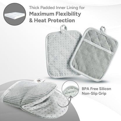 Casa Platino Heat Resistant Oven Mitts & Potholders, 4-Piece – Oven Mitt and Pot Holders Sets for Baking, Grilling & Microwave – Withstands Up to 500°F, Non-Slip, Machine Washable – Grey