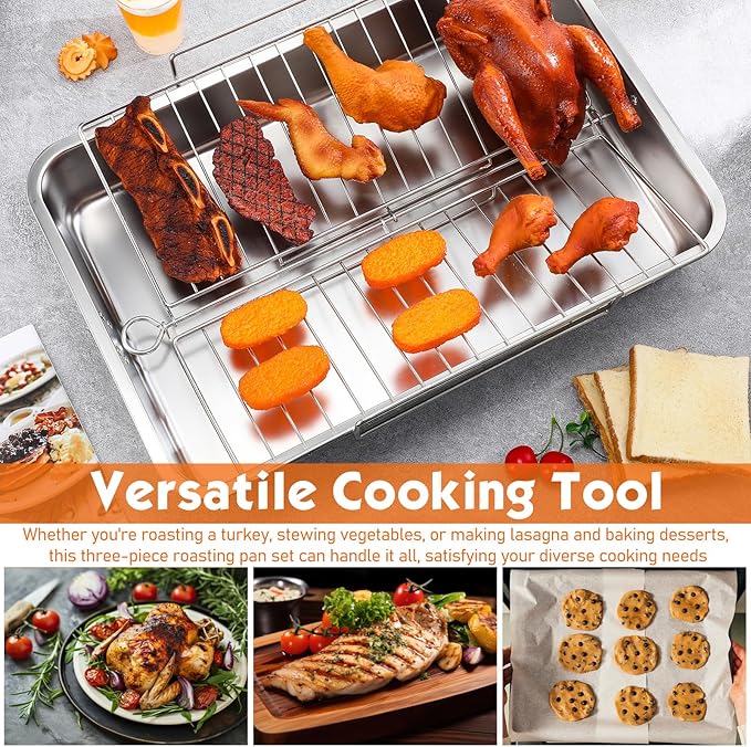 Teenyyou Extra Large Stainless Steel Turkey Roaster with Racks 23.6 * 15.7in Turkey Roaster Pot, with Stainless Steel Detachable Rack Suitable for Poultry, Chicken, Ham, Vegetable