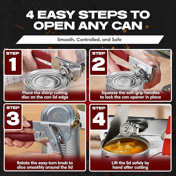 Chef-Master Commercial Can Opener, Multi-Purpose Can-Opener Manual, Easy Turn Anti-slip Grip Knobs, Sharp Cutting Discs, Manual Handheld With Soft Handle for Large Cans & Kitchen Use -90226 - Image 6