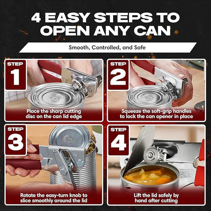 Chef-Master Commercial Can Opener, Multi-Purpose Can-Opener Manual, Easy Turn Anti-slip Grip Knobs, Sharp Cutting Discs, Manual Handheld With Soft Handle for Large Cans & Kitchen Use -90226 - Image 6