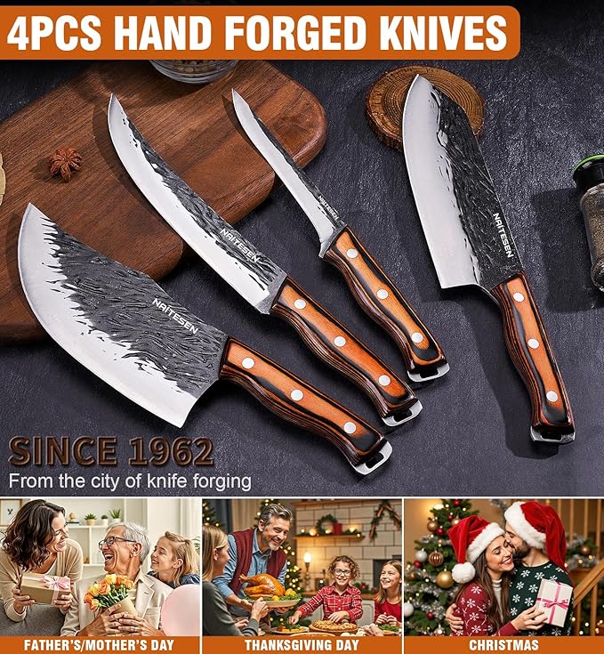 Naitesen 4PCS Hand Forged Butcher Knife and Kitchen Knife 2 in 1 Set, Heavy Duty Meat Cleaver Serbian Chef Knife Breaking Knife Boning Knife for Meat Cutting BBQ Gifts for Men Women - Image 7