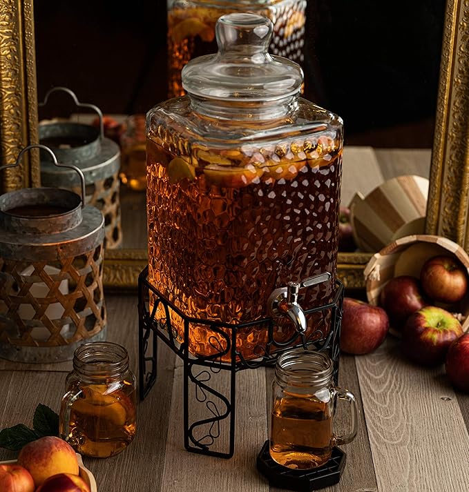 2.5 Gallon Glass Beverage Dispenser with Stainless Steel Spigot, Metal Stand, and Drip Tray – Mason Jar Style Drink Dispenser for Parties, Iced Tea, Water, Lemonade, and More - Image 2