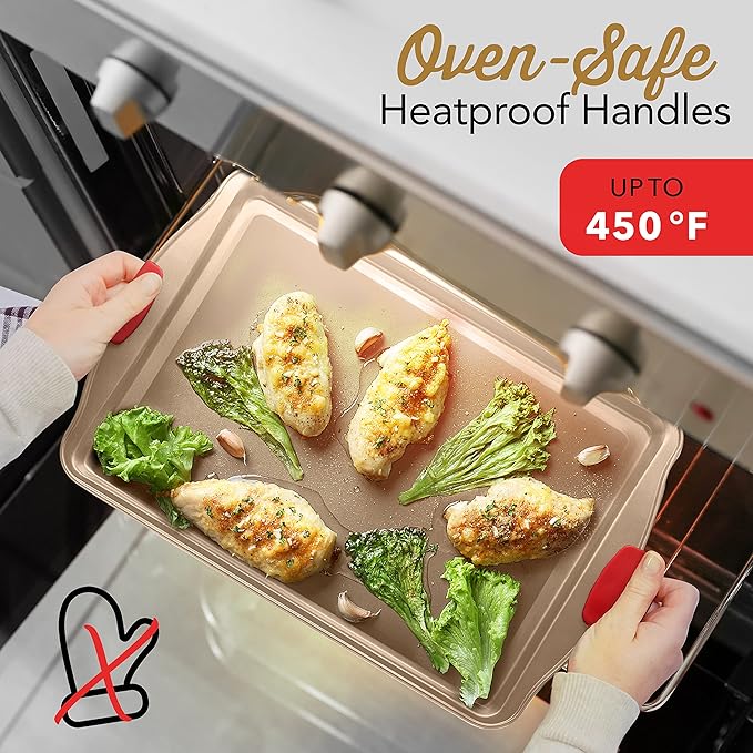 Baking Sheet Set, 3-Piece Cookie Sheet Set with Silicone Handles, Steel Baking Pans Set, Durable Baking Sheets for Oven, BPA Free Cookie Sheets for Baking Nonstick Set, Sheet Pan - Bronze Baking Pan - Image 4