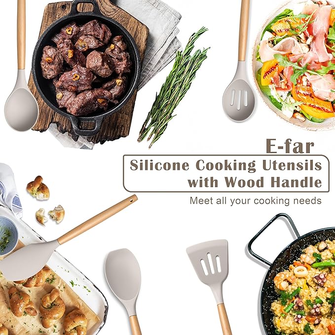 E-far Silicone Cooking Utensils Set, 5-Piece Kitchen Utensils Set with Wooden Handle for Cooking, Silicone Kitchen Nonstick Tools Spatula Turner Slotted Spoons, Nontoxic & Heat Resistant-Khaki - Image 6